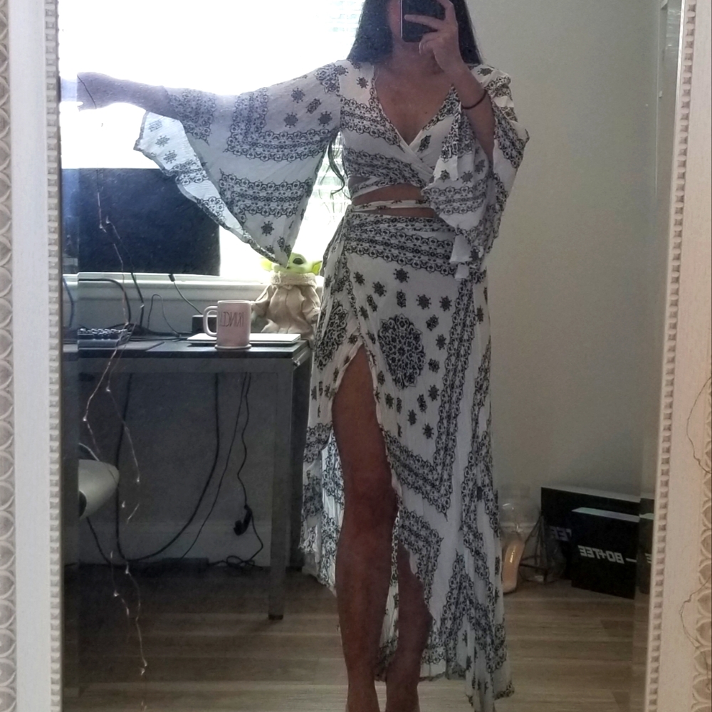 Boho Black/White Print Flowy Tie Crop Top & Skirt